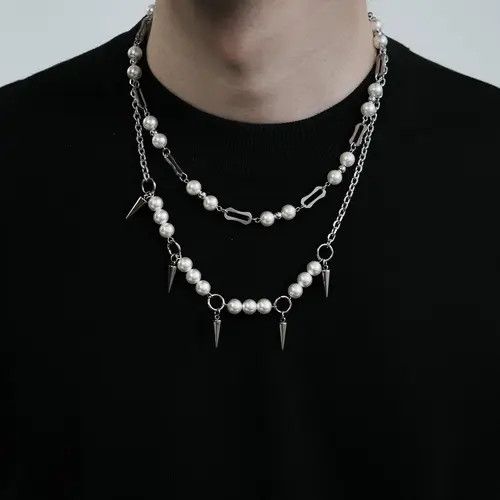 Jewelry Rivet Pearl Tassel Necklace – Layered Silver Size ONE SIZE - 1 Thumbnail