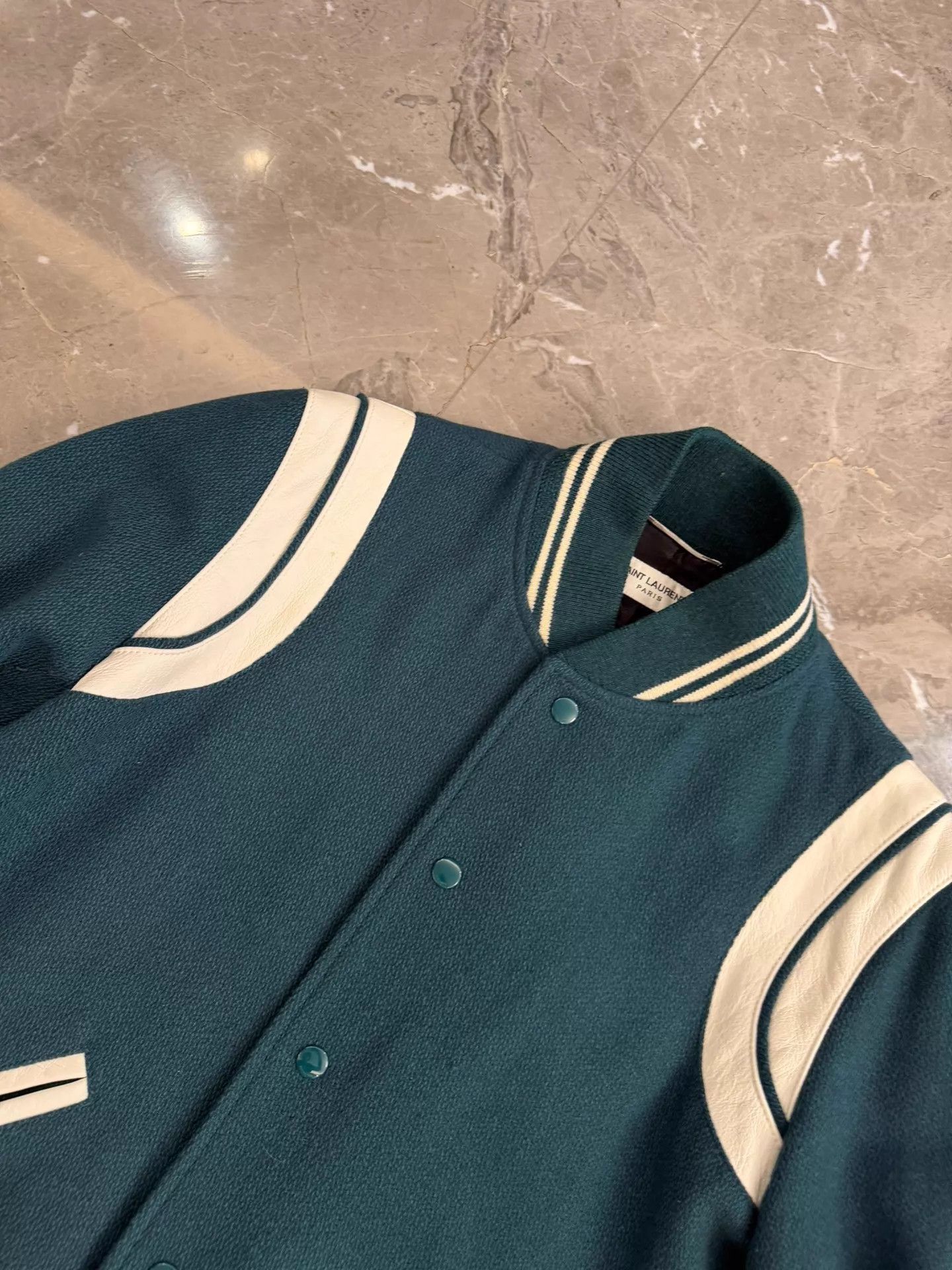Saint Laurent Paris Saint Laurent Deep Green Wool Leather Baseball Jacket 46 Size US S / EU 44-46 / 1 - 5 Thumbnail