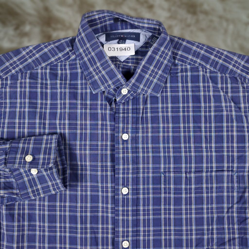 Tommy Hilfiger VINTAGE Tommy Hilfiger Shirt Mens 15.5 Blue Plaid Dress Shirt Long Sleeve Professional Casual Button Up Navy Blue Size 40R - 1 Thumbnail