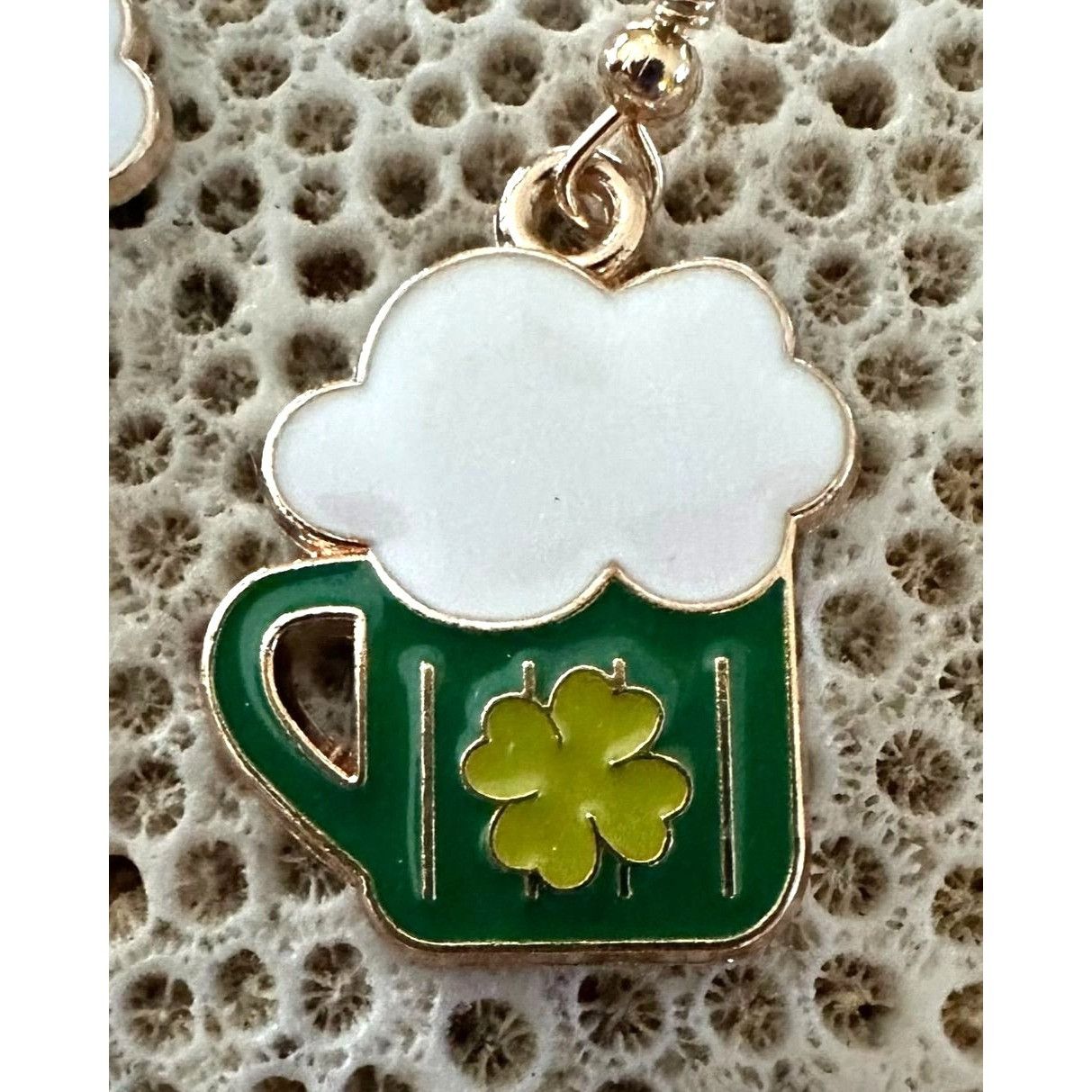 Handmade St Patricks Day Earrings Beer Four Leaf Clover Dangle Hooks Size ONE SIZE - 10 Thumbnail