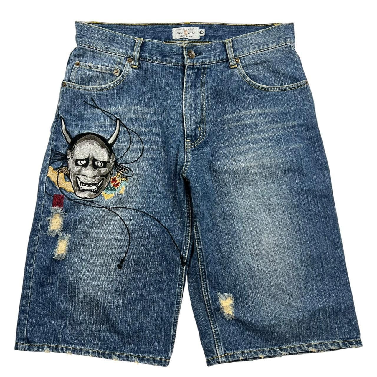 Karakuri Tamashii Karakuri Tamashii Embroidered Oni Mask Denim Shorts Waist 33 Size US 33 - 1 Thumbnail
