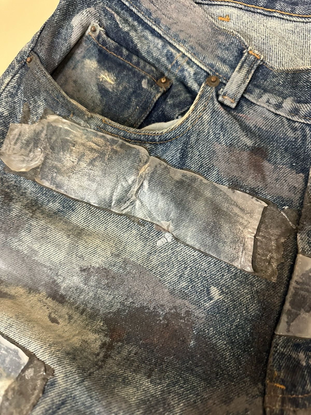 Vintage “Dirty” Duct Tape Hand Painted Denim Jeans 34 Rubber Size US 34 / EU 50 - 7 Thumbnail