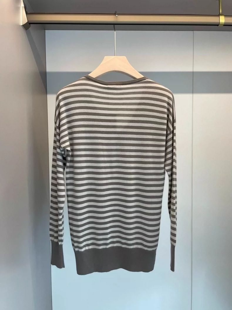 Loro Piana LORO PIANA Gray beige white horizontal striped V-neck cash Size S / US 4 / IT 40 - 2 Thumbnail