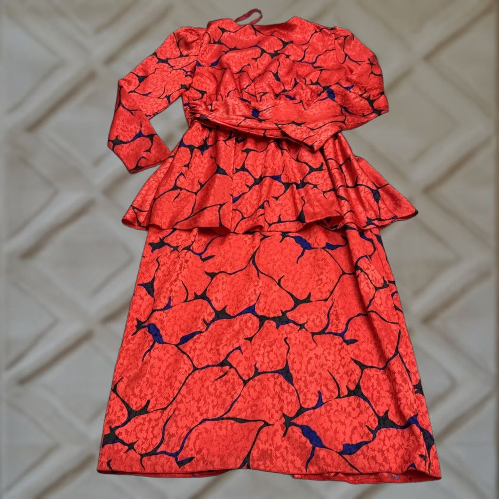 Vintage VINTAGE Caron Dress Womes 14 Red Black Abstract 80s Jacquard Peplum Midi Chicago Womes Size XL / US 12-14 / IT 48-50 - 1 Thumbnail