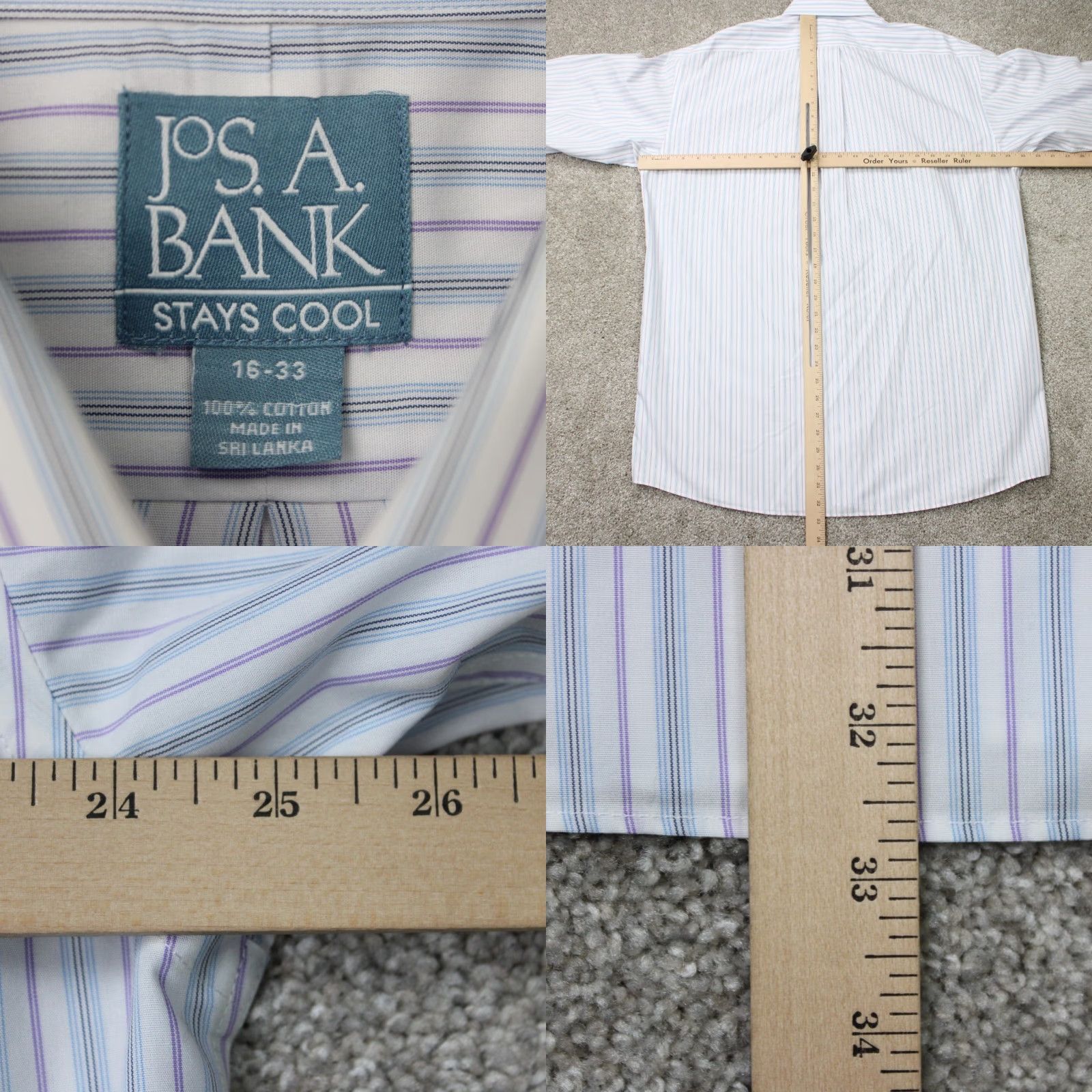 Jos. A. Bank Jos. A. Bank Shirt Mens 16, 33 White/Blue/Purple Striped 100% Cotton L/S Button-Down Collared Dress Shirt Regular Fit Size US L / EU 52-54 / 3 - 8 Thumbnail