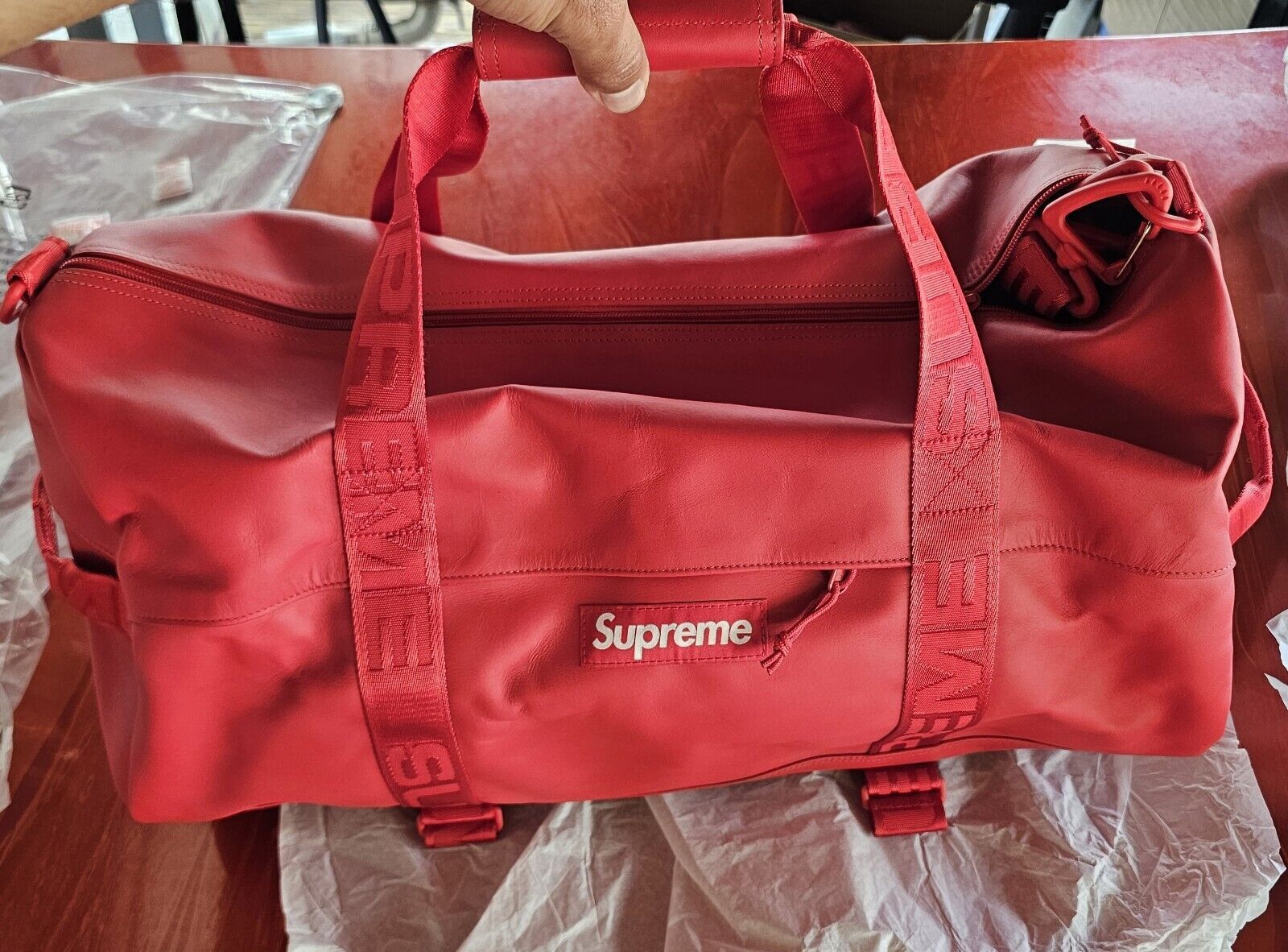 image of Supreme Cowhide Leather Duffle Bag In Red Fw23 42 Liter, Men's