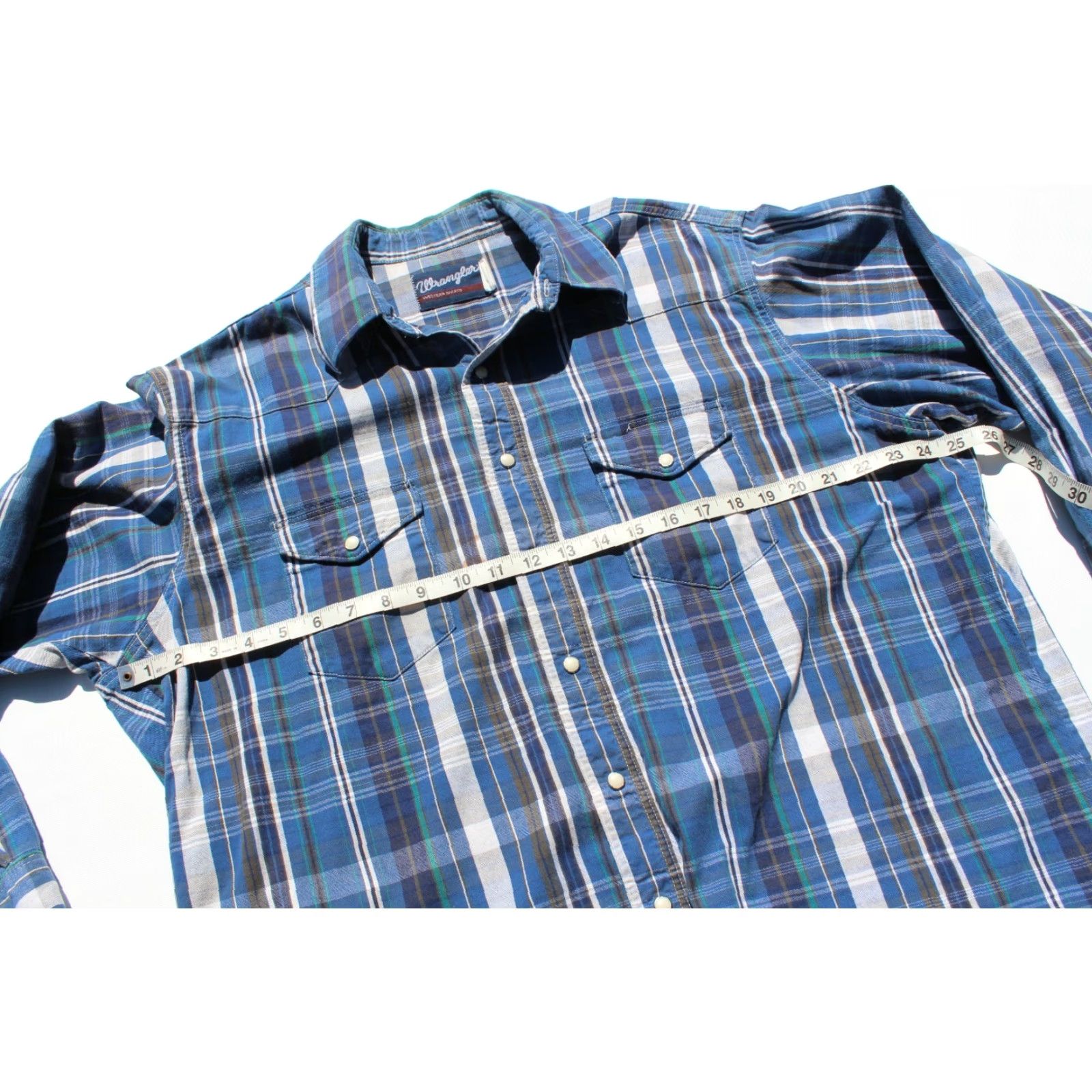 Wrangler VINTAGE Wrangler Shirt Men Flannel Long Sleeve Pearl Snap Western Plaid Blue White M Button-Up Snap_HEADER Size US M / EU 48-50 / 2 - 5 Thumbnail