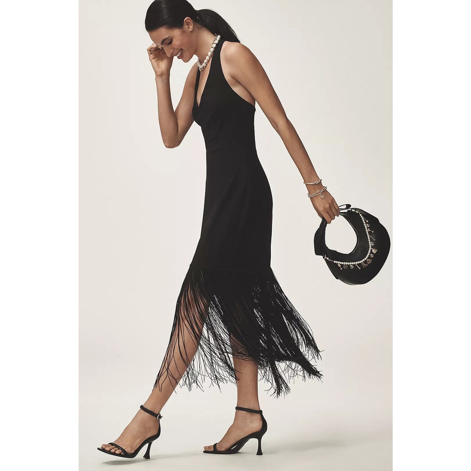 Anthropologie NWT Hutch Plunge Halter Fringe Knit Midi Dress $248 XS Black Size XS / US 0-2 / IT 36-38 - 3 Thumbnail