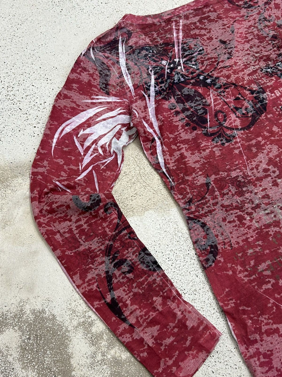 Designer × Japanese Brand Edgy Red L/ Sleeve Top –Distressed Print Angel Wing Graphics Size US XS / EU 42 / 0 - 12 Thumbnail
