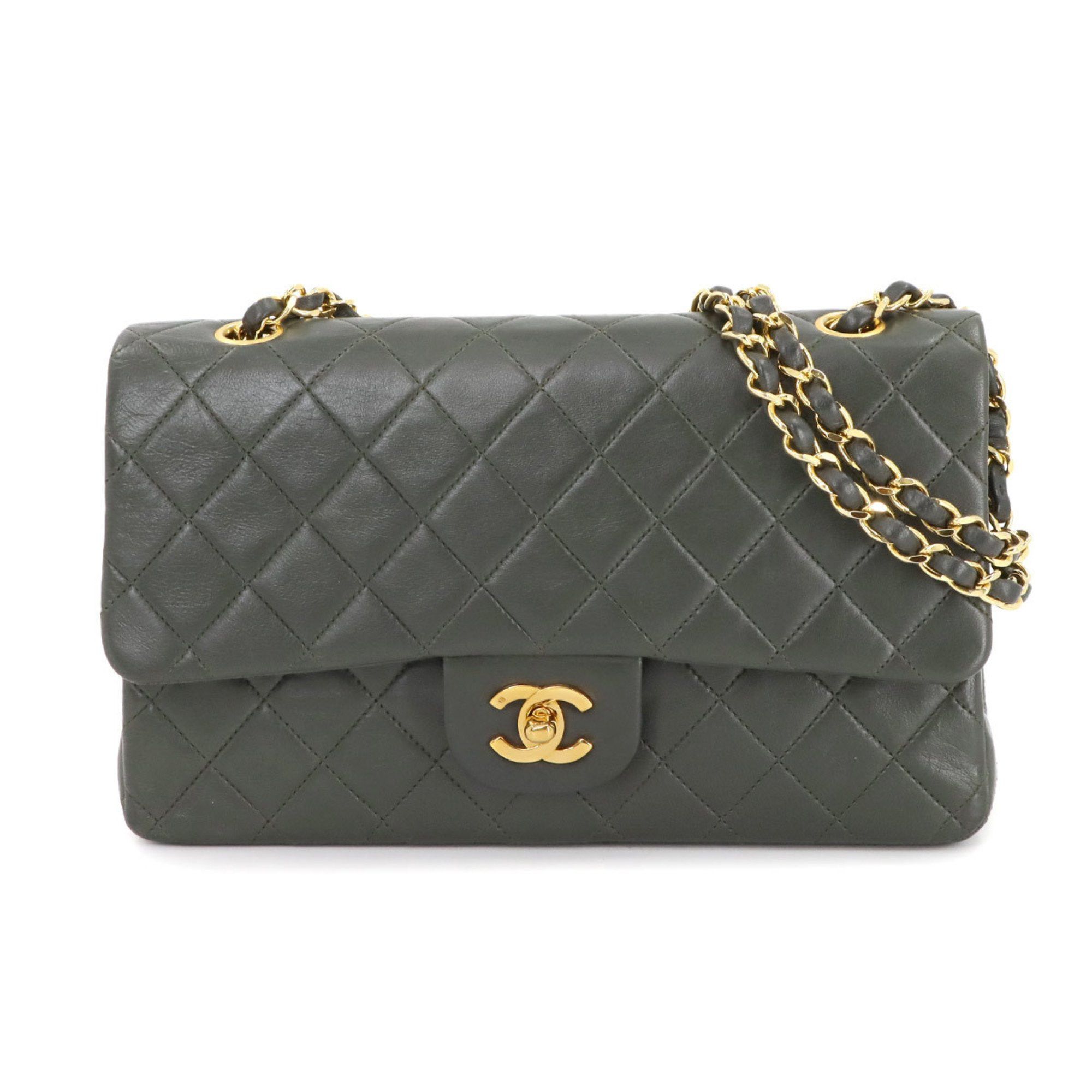 Chanel Matelasse 25 Chain Shoulder Bag Leather Dark Green A01112 Gold Hardware, Women's