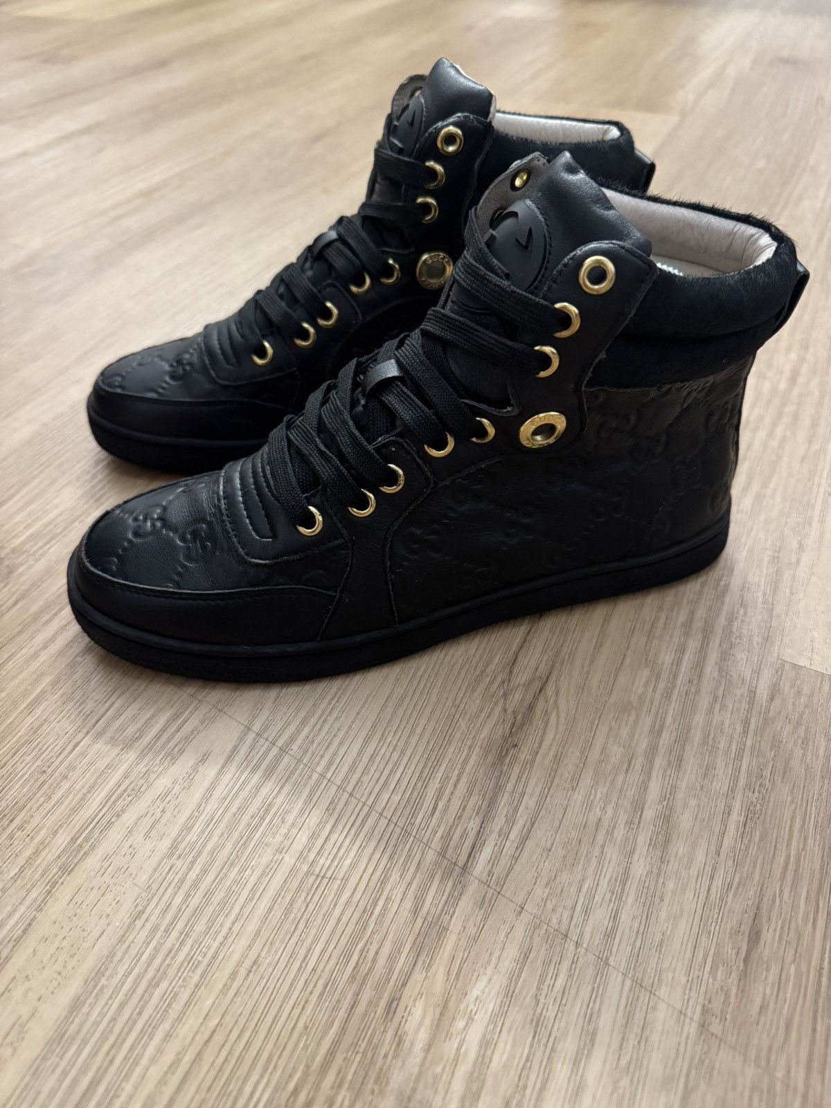 Gucci Gucci GG Monogram Black Leather High Top Sneakers 38 Size US 8 / IT 38 - 7 Thumbnail
