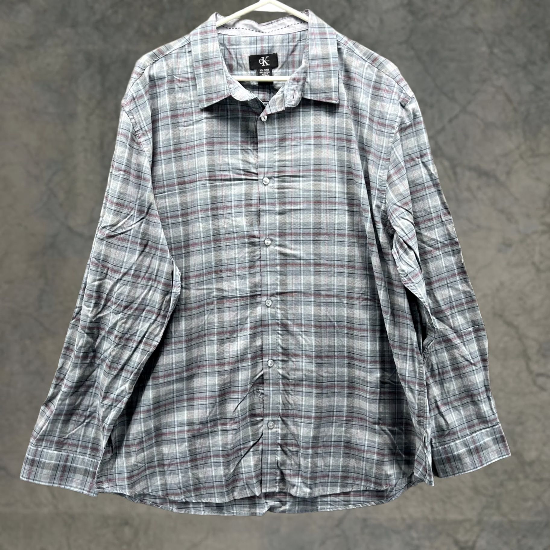 Calvin Klein Calvin Klein Dress Shirt Mens XL Button-Down Oxford Plaid Cotton Grey Blue Shirt Size 46R - 1 Thumbnail