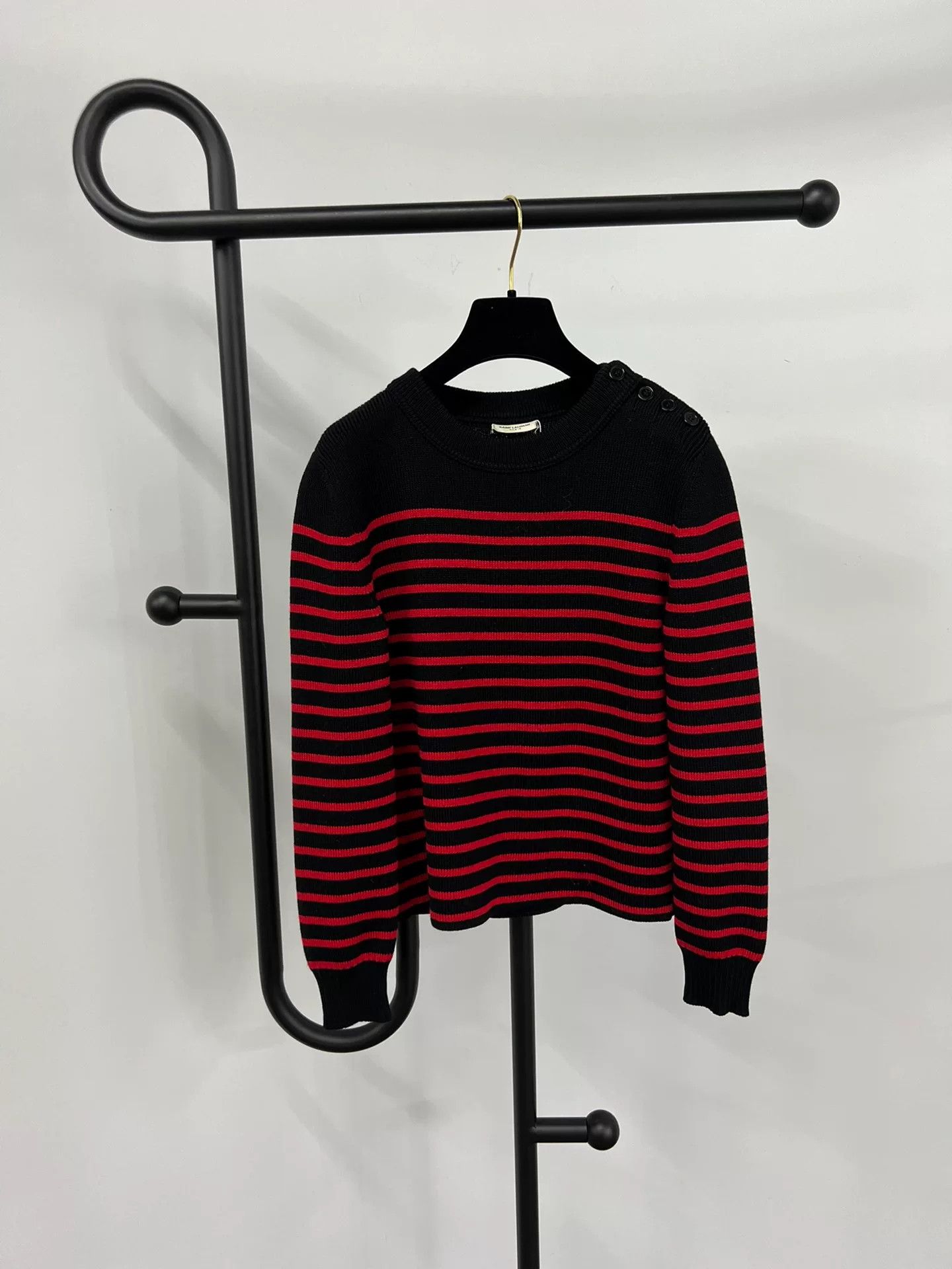 Saint Laurent Paris Saint Laurent Black Red Striped Shoulder Button Sweater Size S / US 4 / IT 40 - 1 Thumbnail