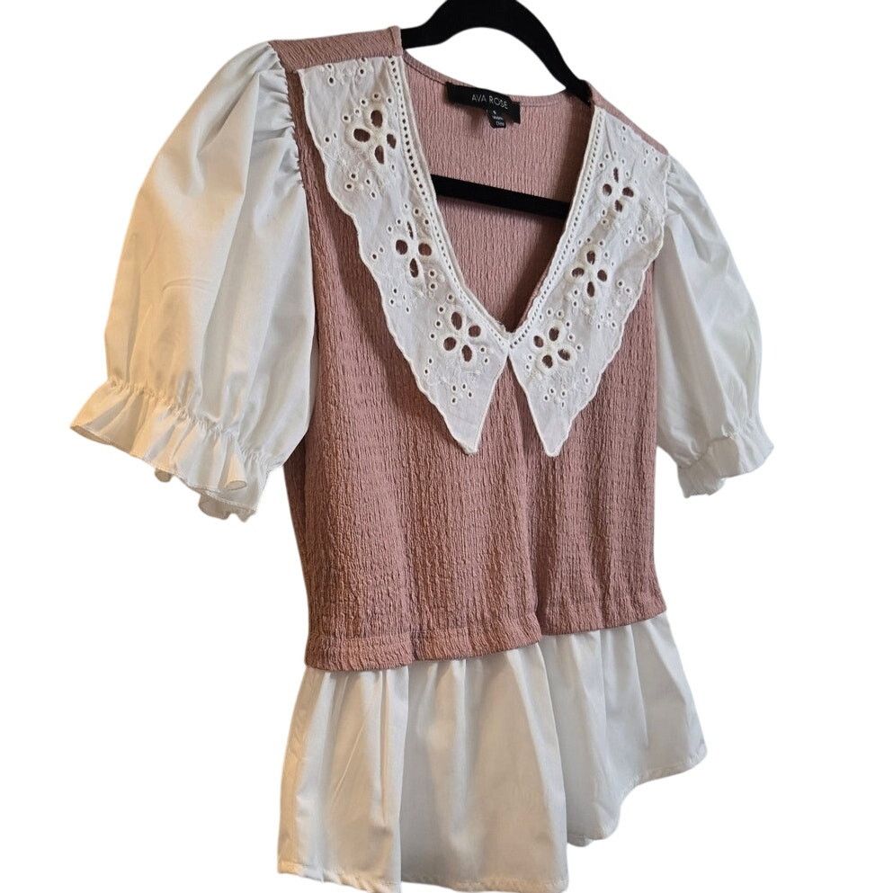 Other Women’s Puff Sleeve Knit Blouse Small Contrast Peplum Size S / US 4 / IT 40 - 2 Thumbnail
