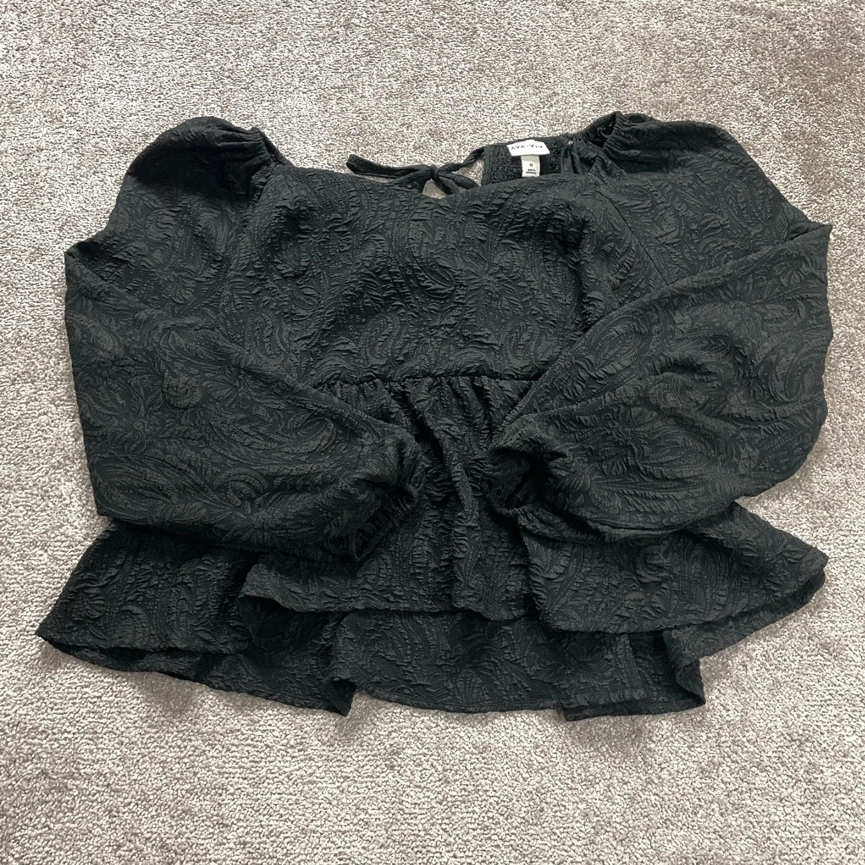 Vintage Ava & Viv Blouse Top Womens XL Black Balloon Long Sleeve Smocked Peplum Textured Knit Polyester Spandex Regular Shirt Ladies Womens Blouse Size XL / US 12-14 / IT 48-50 - 2 Thumbnail