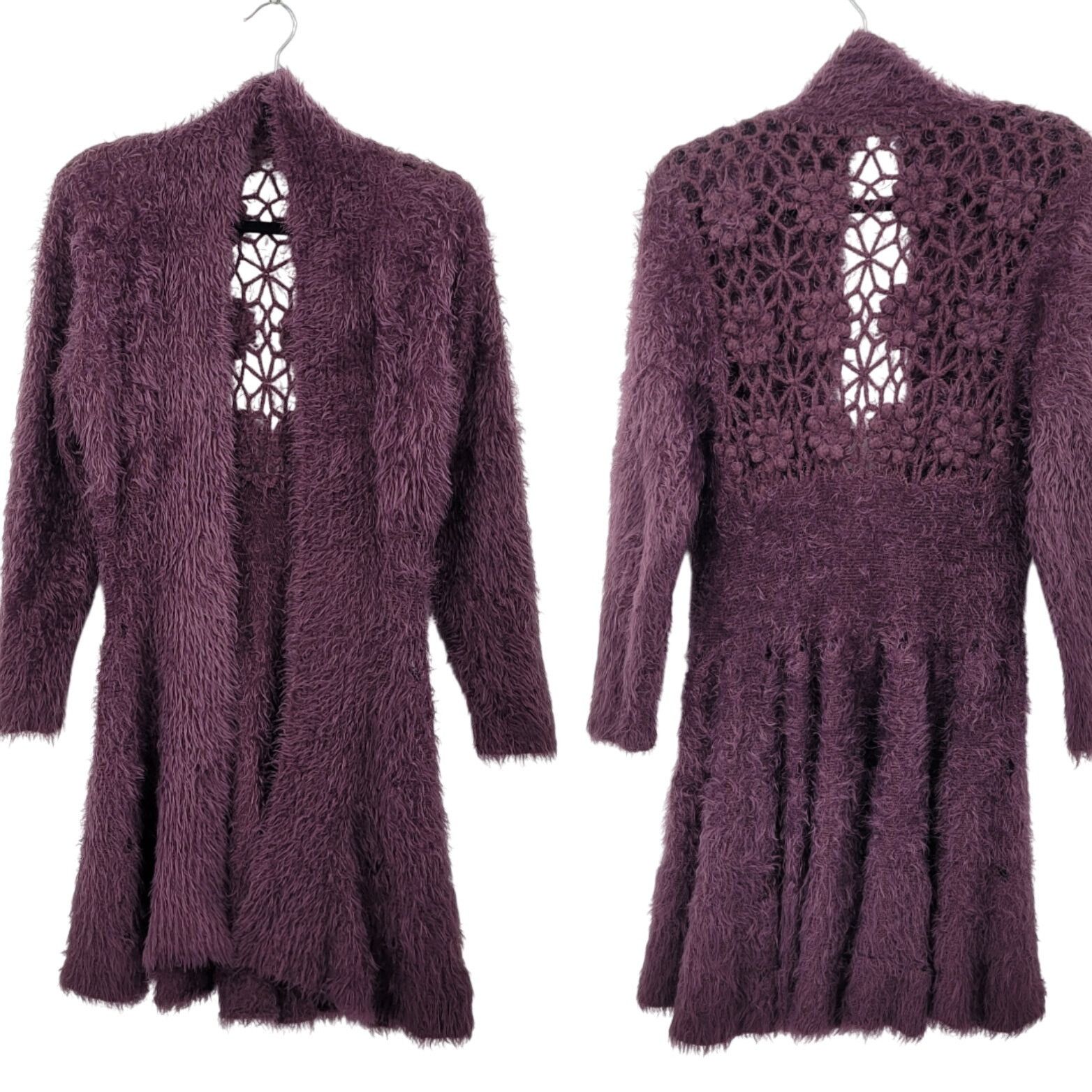 Vintage Eyelash Purple Crochet Tunic Cardigan Coatigan M Chic A-line Size M / US 6-8 / IT 42-44 - 1 Thumbnail