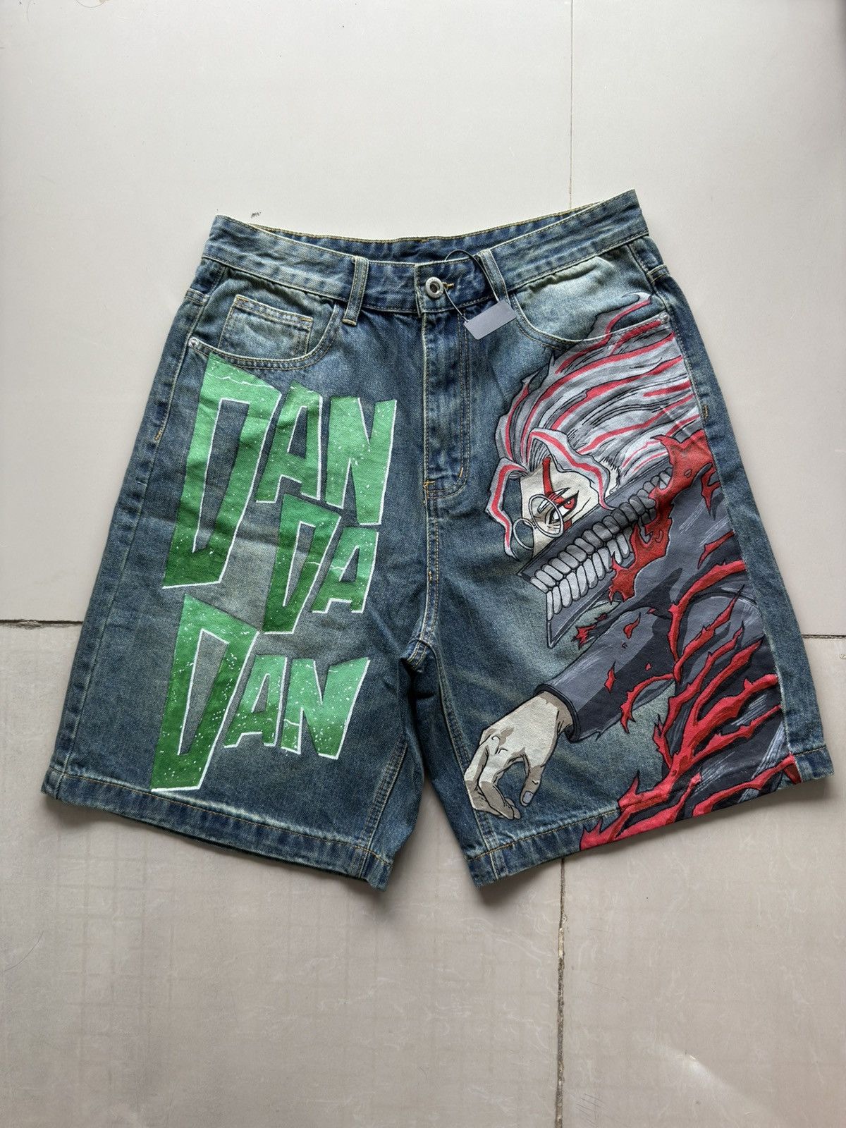 Anime Dan Da Dan custom hand painted jorts Size US 31 - 1 Thumbnail