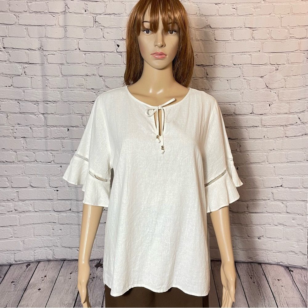 Ellen Tracy NWT New $89 Ellen Tracy Tie Neck Linen Blend White Top Size Size M / US 6-8 / IT 42-44 - 3 Thumbnail