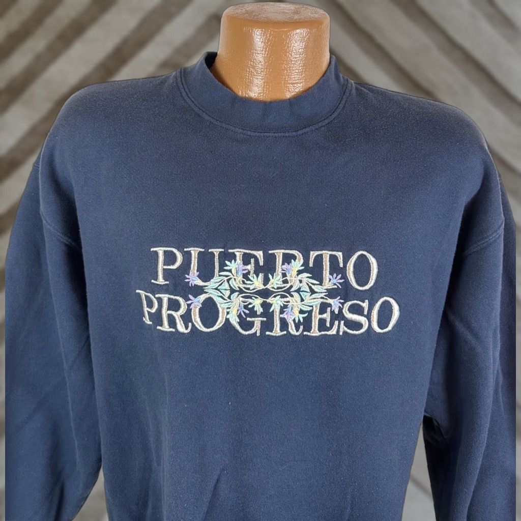 Vintage VINTAGE Puerto Progreso Sweatshirt XL Navy Embroidered 90s Cotton Blend Knit Crew Neck Pull over Men Size US XL / EU 56 / 4 - 1 Thumbnail