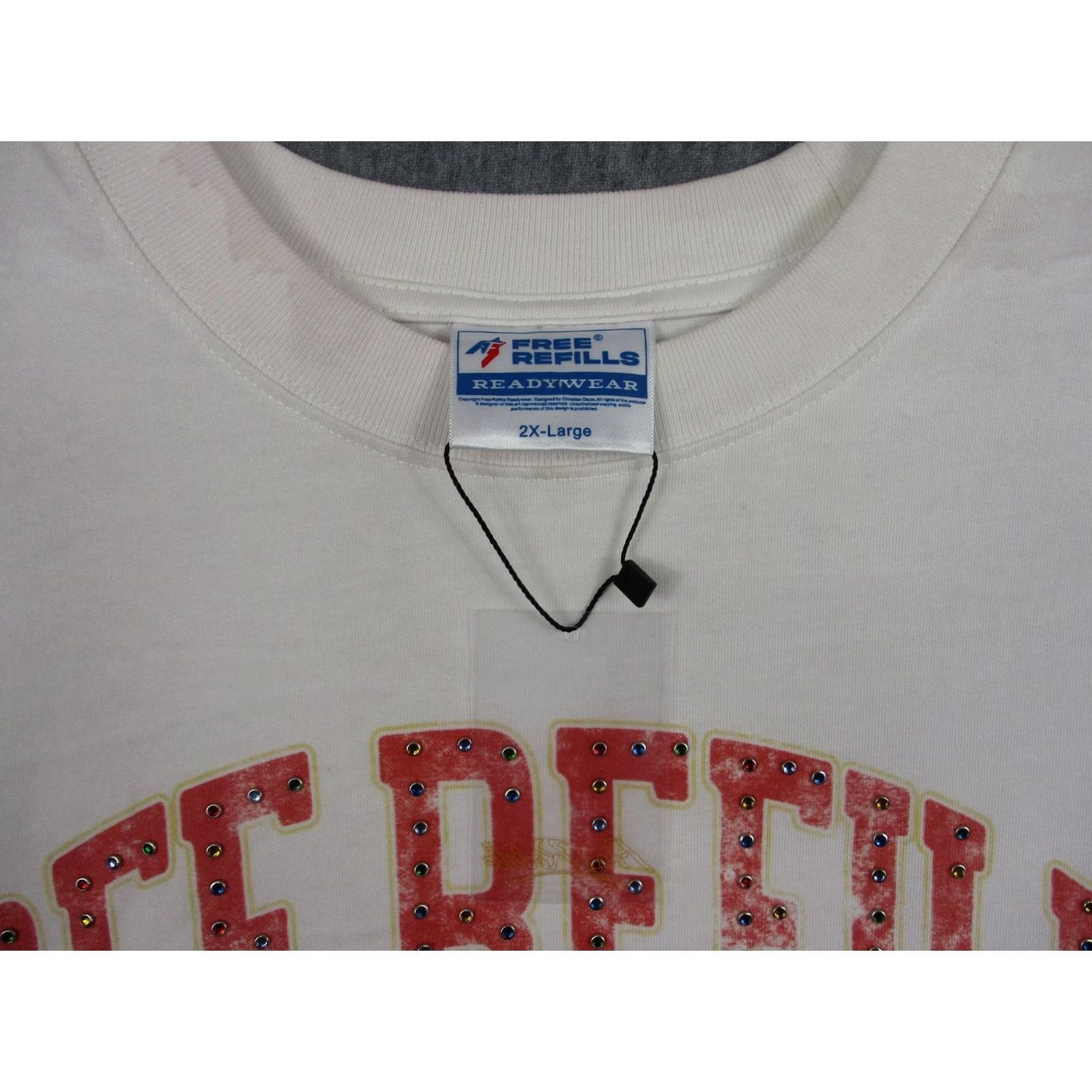 Vintage Free Refills Shirt Mens 2XL White Rhinestone Readywear 1990 Graphic Tee T-Shirt Size US XXL / EU 58 / 5 - 6 Thumbnail