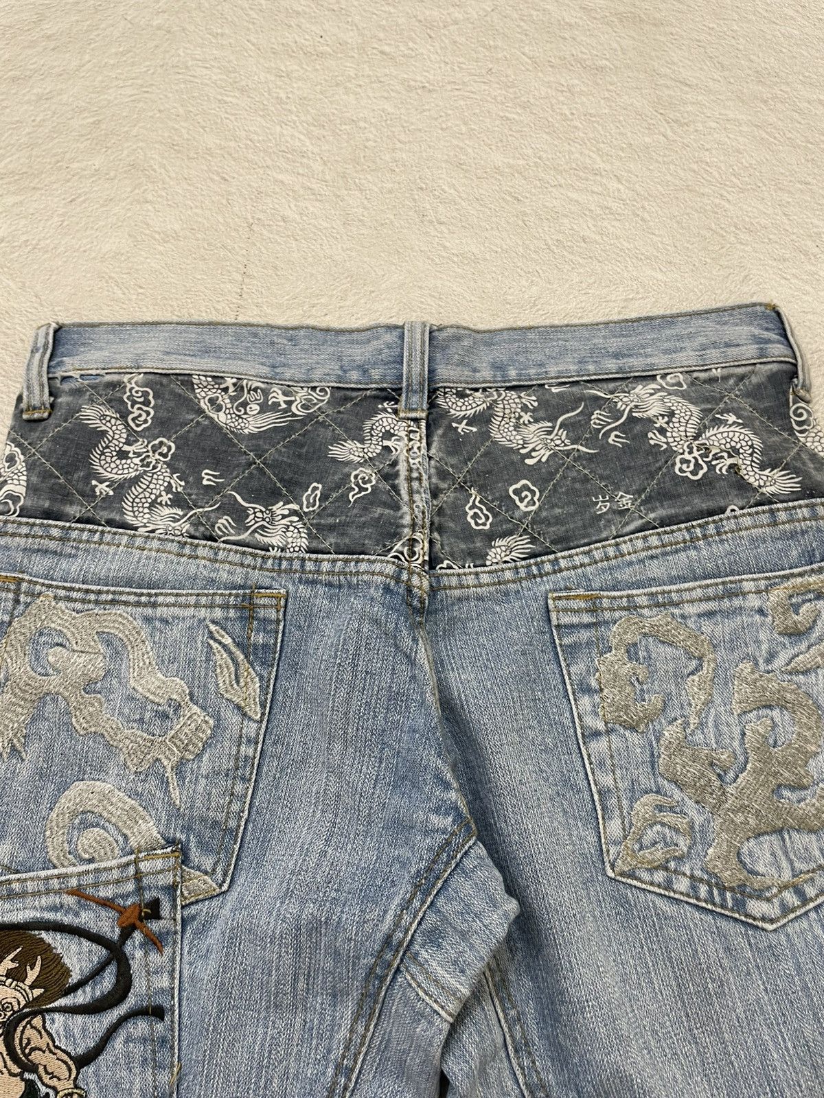 Japanese Brand Kara Kuri Japanes Embroidered Denim Y2K Oni Raijin Patchwork Size US 33 - 10 Thumbnail