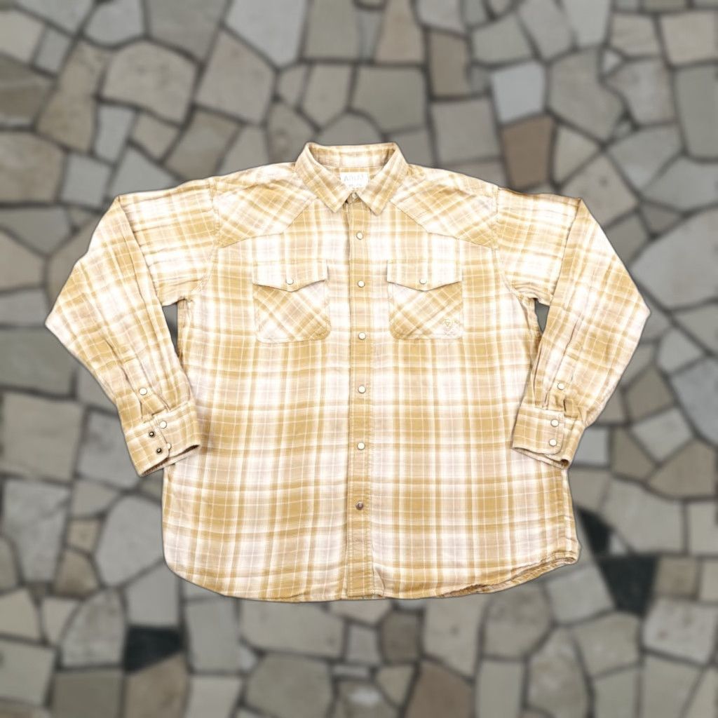 Ariat Ariat Shirt Mens XL Tan Plaid Retro Fit Western Pearl Snap Cowboy Flannel Rodeo Size US XL / EU 56 / 4 - 1 Thumbnail