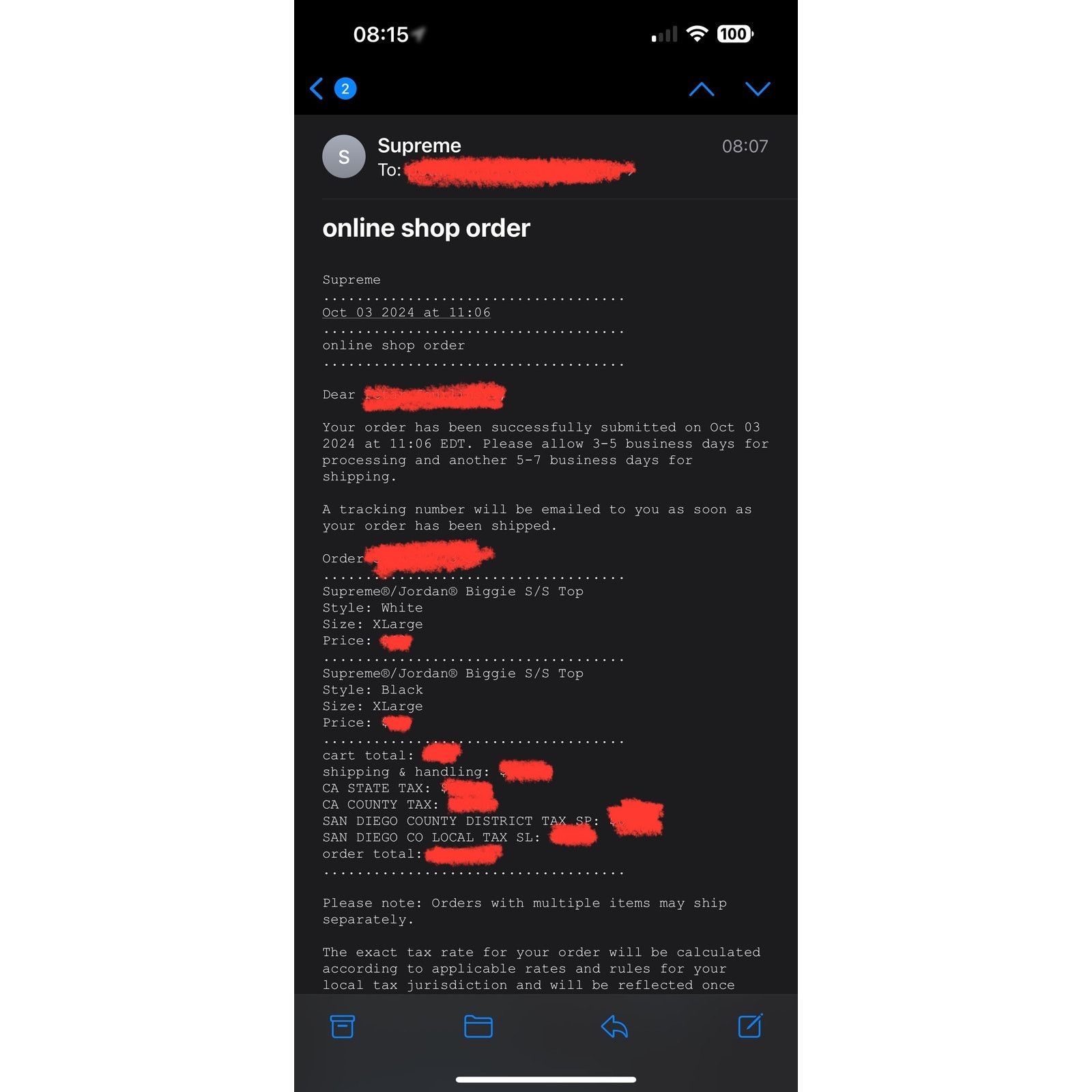 FW '24 Supreme x Jordan Biggie S/S Top SS White Tee Size XL