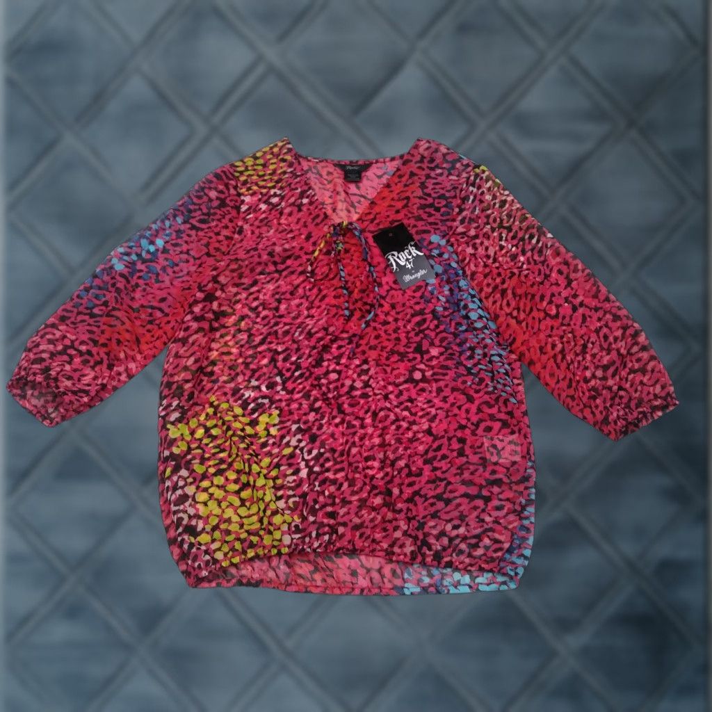 47 Rock 47 Blouse Women M 3/4 Sleeve Sheer Polyester Top Pink Blue Green Animal Print Keyhole Neck Waist Shirt Womens Size M / US 6-8 / IT 42-44 - 1 Thumbnail