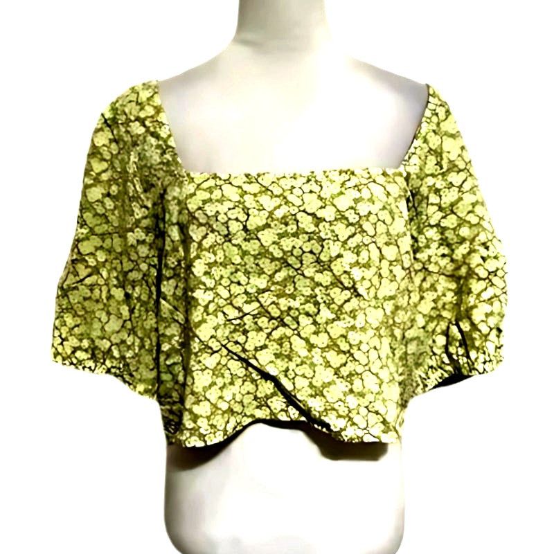 BP. BP. Puff Sleeve Crop Top Linen Yellow Floral Women's Plus 2X Size XXL / US 16-18 / IT 52-54 - 2 Thumbnail