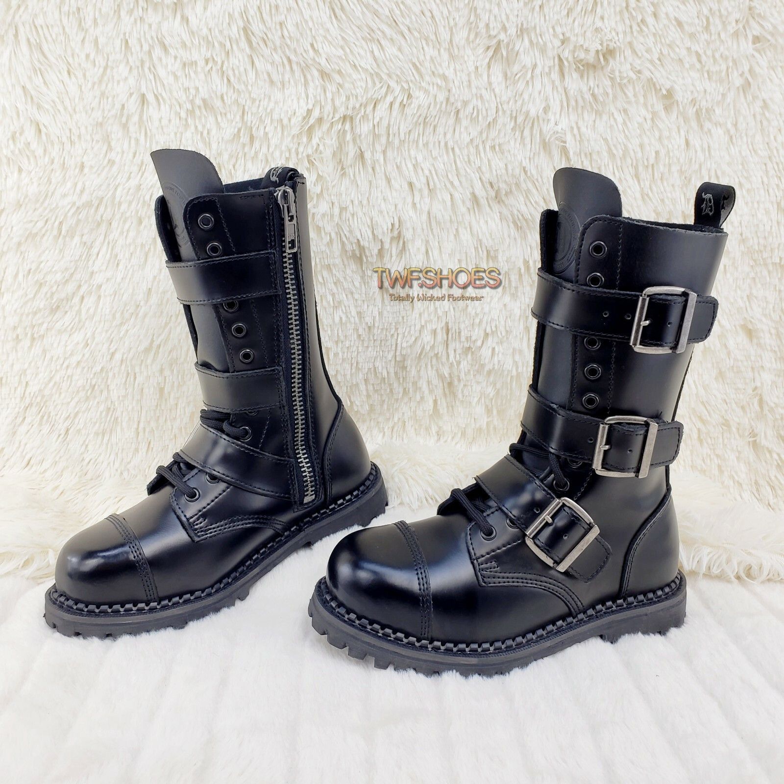 Demonia Cult DEMONIA Riot 12 Goth Combat Biker Steel Toe Ankle Boots Blac Size US 5 / EU 37 - 1 Thumbnail