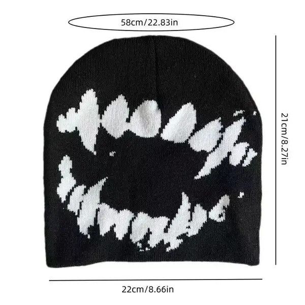 Japanese Brand Vampire Dracula Teeth Pattern Beanie Hat y2k Black Size ONE SIZE - 4 Thumbnail