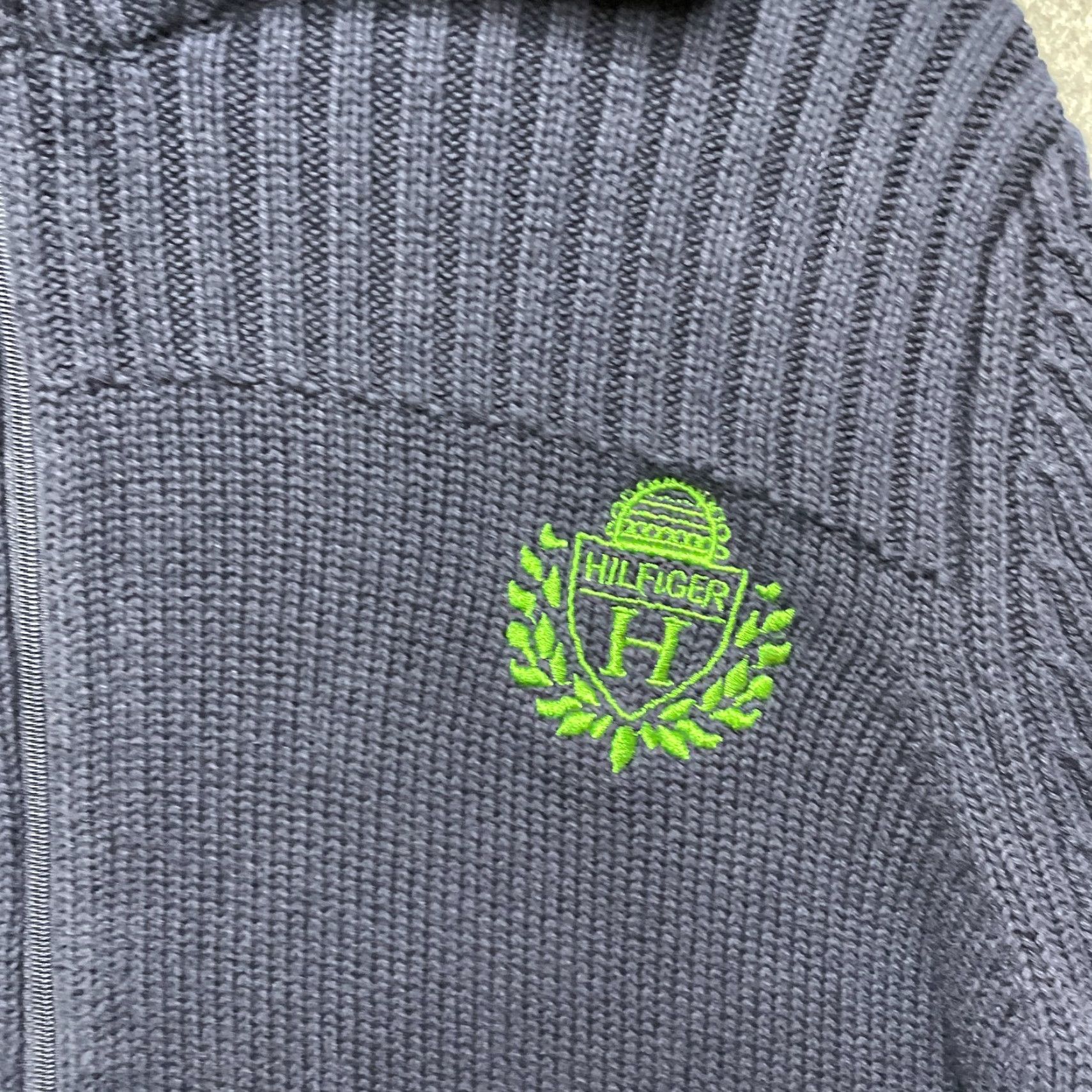 Tommy Hilfiger Sweater Womens XL Blue Pullover Quarter Zip Green Crest Cotton