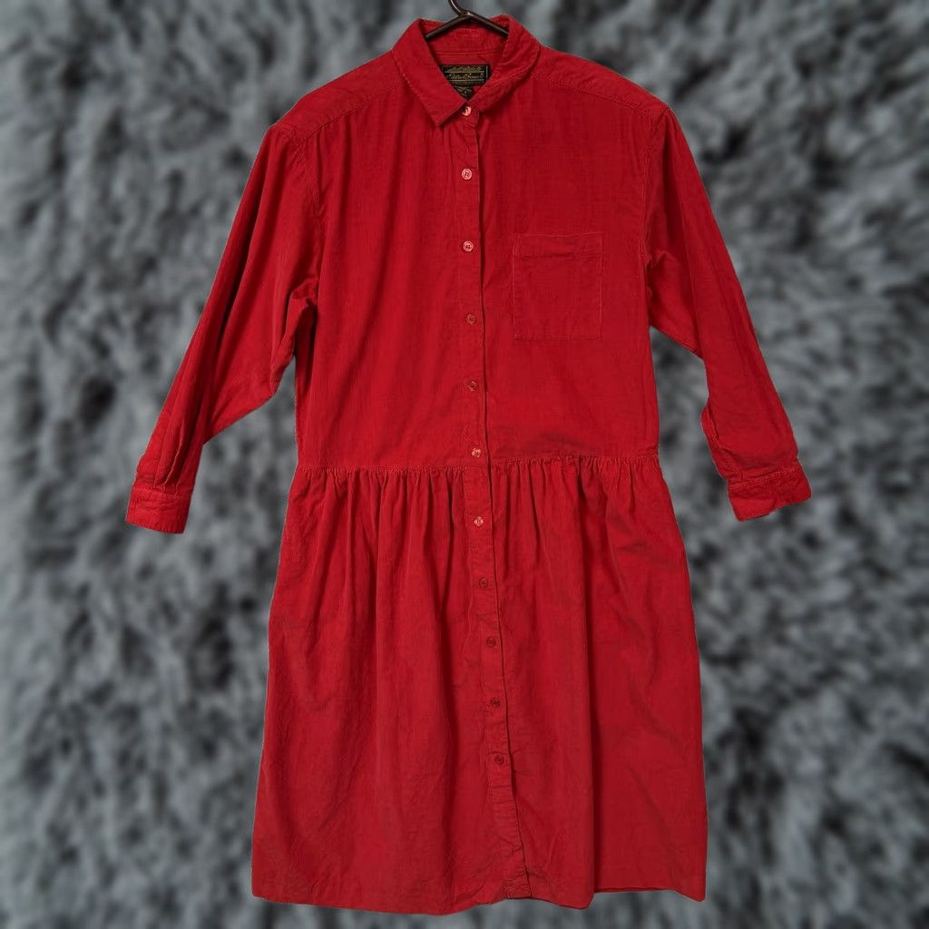 Eddie Bauer VINTAGE Eddie Bauer Shirt Dress Petite L Red Corduroy Midi Long Sleeve Collared 90s Holiday Casual Womens Size L / US 10 / IT 46 - 1 Thumbnail