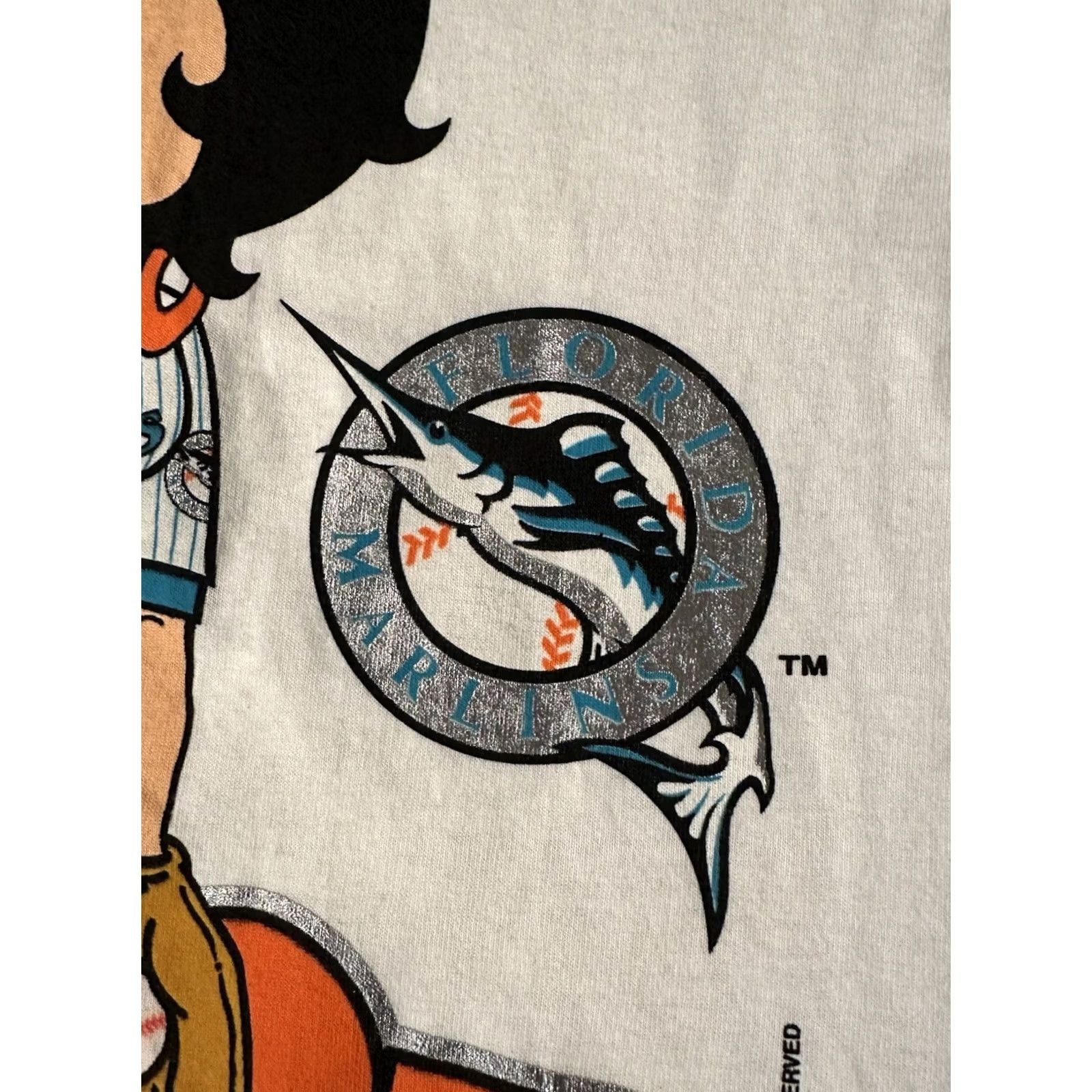 Changes VINTAGE 90s Florida Marlins Betty Boop T-Shirt MLB Single Stitch L White Uni Adults Mens Womens Size US L / EU 52-54 / 3 - 4 Thumbnail