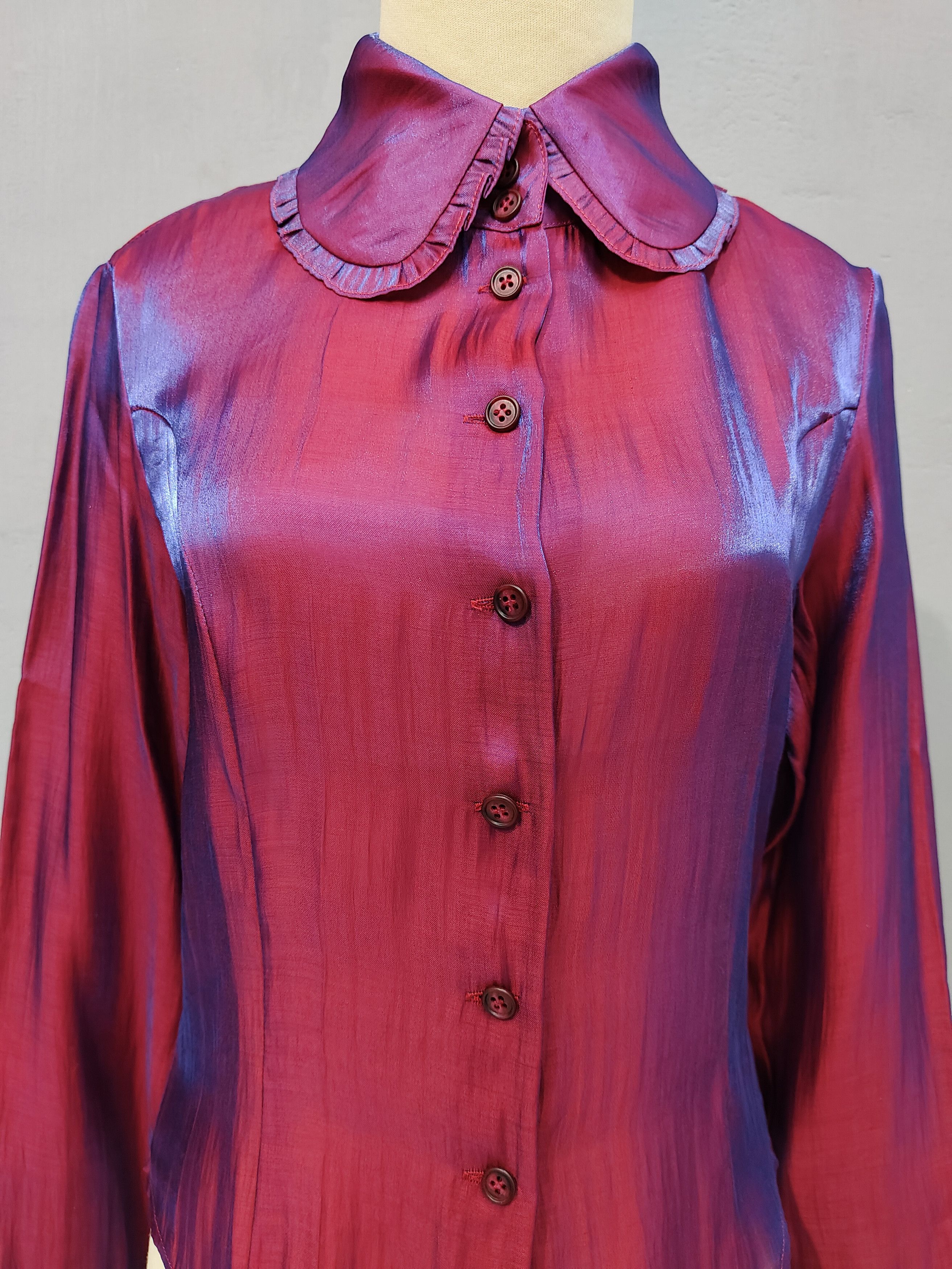Michel Klein 90s Michel Klein Abstract Iridescent Burgundy Shimmer Blouse Size M / US 6-8 / IT 42-44 - 3 Thumbnail