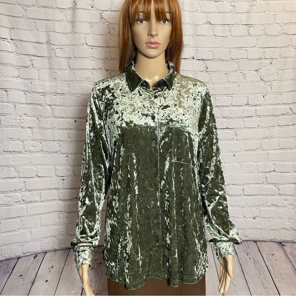 Other New Belle By Kim Gravel Crushed Velvet Green Button Down Sh Size M / US 6-8 / IT 42-44 - 2 Thumbnail