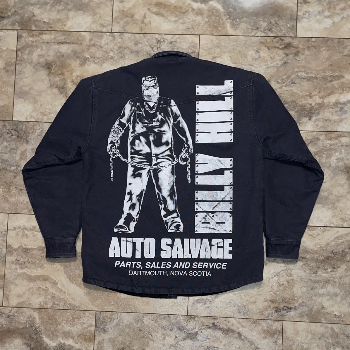Billy Hill Auto Salvage Work Jacket Navy Rare Fits Large