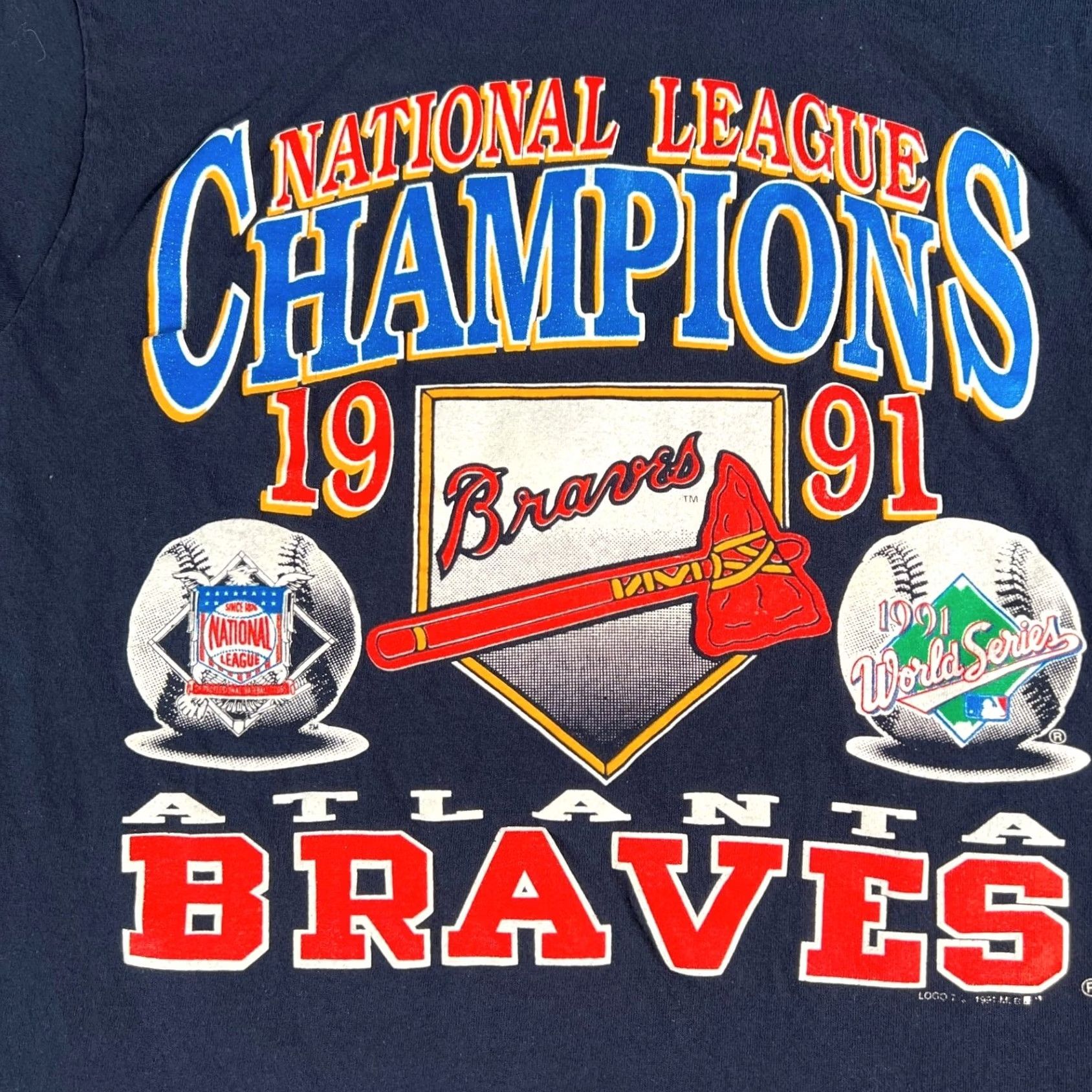 Logo 7 VINTAGE Atlanta Braves T-Shirt Mens Medium Navy 1991 NL Champions World Series Size US M / EU 48-50 / 2 - 4 Thumbnail