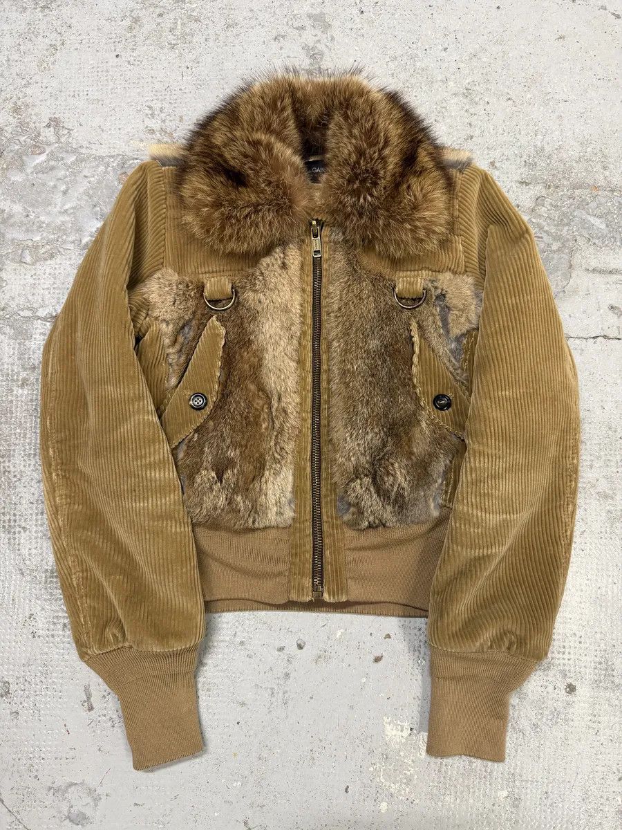 Dolce & Gabbana AW2002 Dolce & Gabbana Beige Corduroy & Rabbit Fur Bomber Jacket Size S / US 4 / IT 40 - 1 Thumbnail