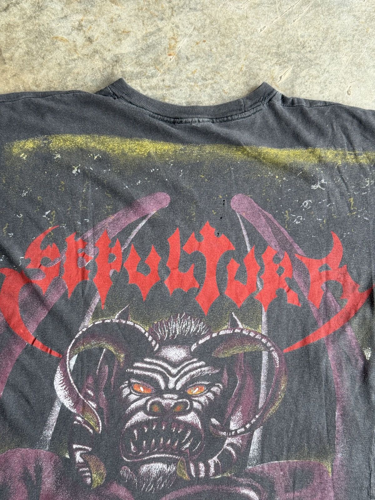 Band Tees × Vintage *RARE* VINTAGE 90s SEPULTURA METAL AOP GOD CROSS DEATH SATAN Size US XL / EU 56 / 4 - 12 Thumbnail