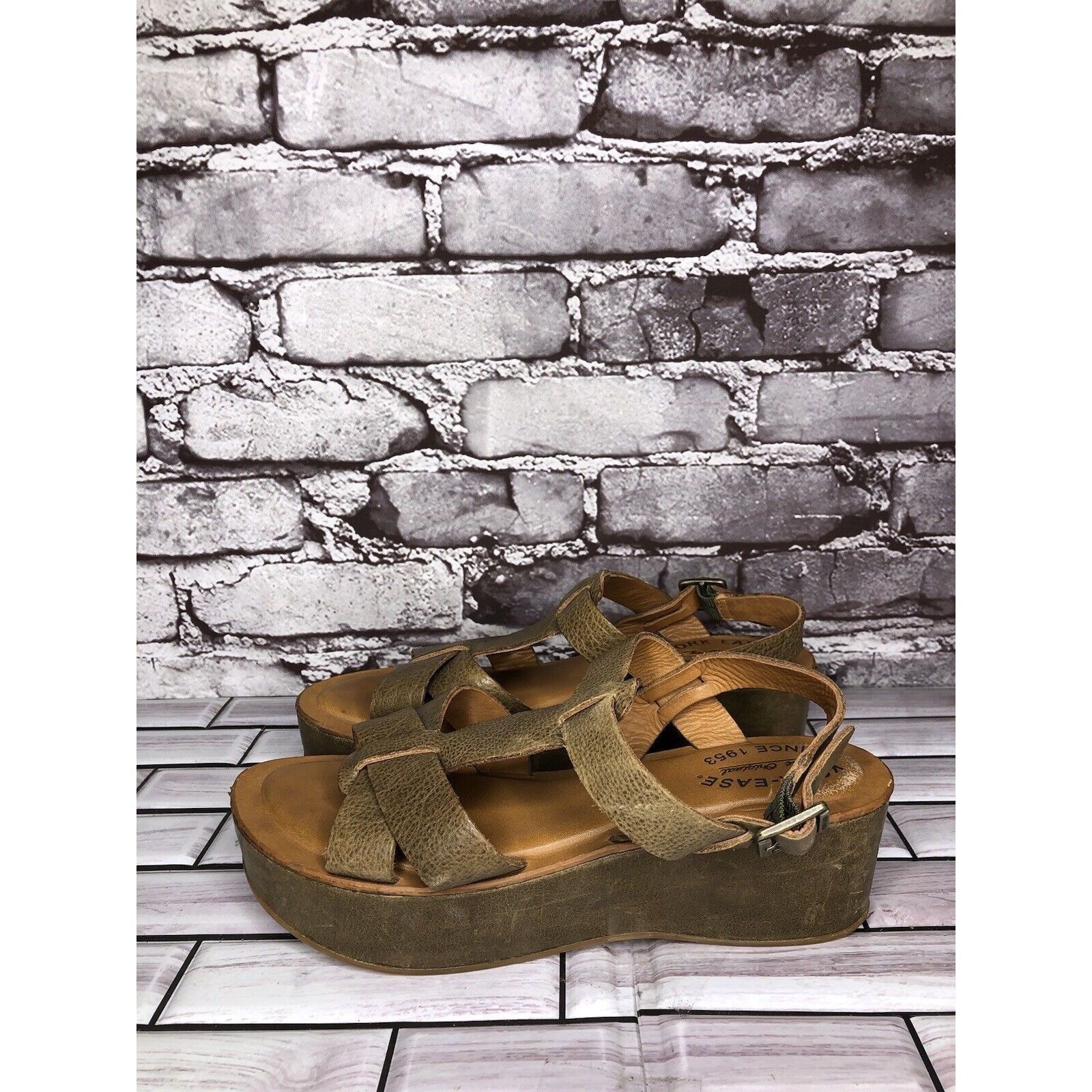 Other Kork-Ease Olive Green Leather Platform Wedge Ankle Strap San Size US 6 / IT 36 - 3 Thumbnail