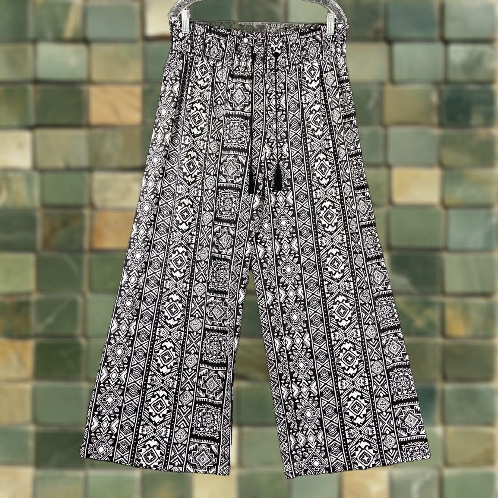 Vintage NEW West Loop Bohemian Palazzo Pants Wide Leg Black White Women’s XL Size 40" / US 18 - 1 Thumbnail