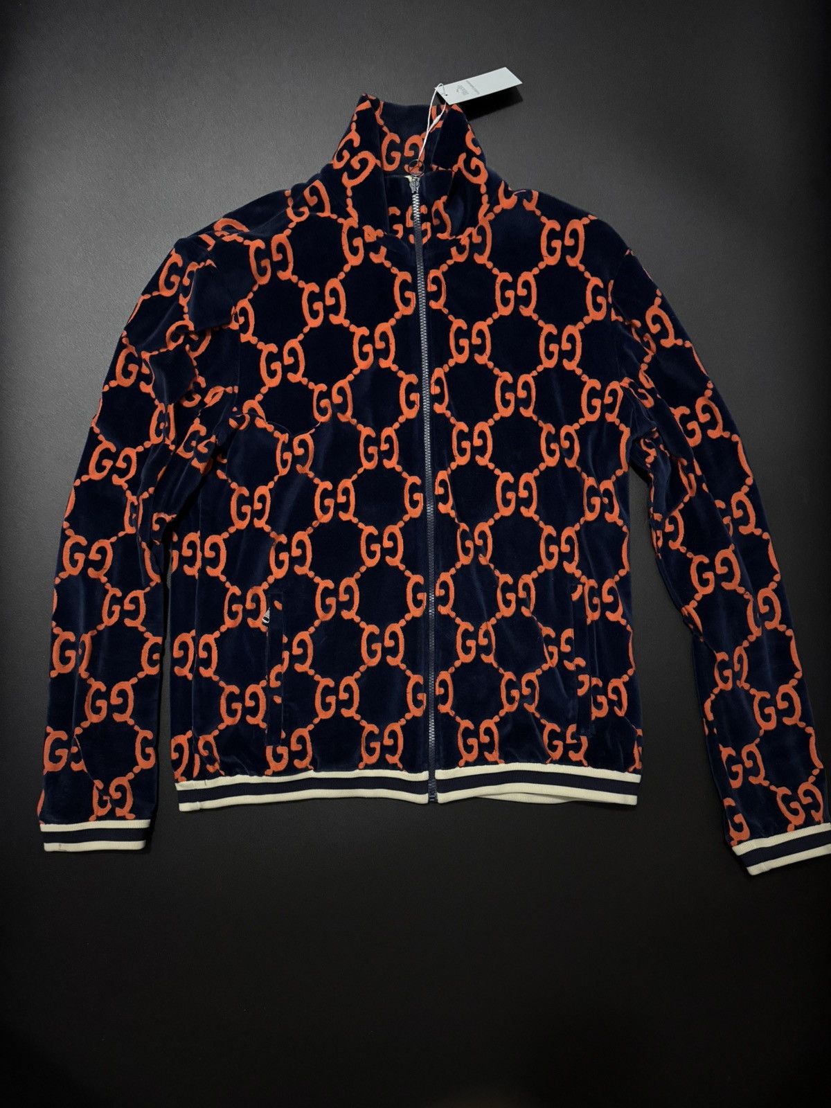 Gucci GUCCI Web Logo Navy Blue Jersey Track Zip-Up Jacket | Grailed
