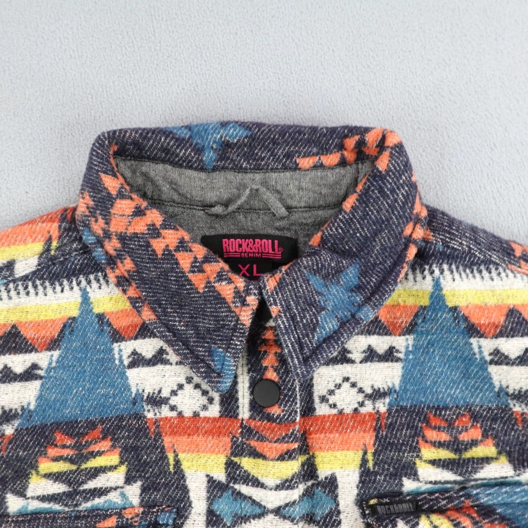 Denime Rock & Roll Denim Shacket Womens XL Blue Orange Southwestern Aztec Flannel Size XL / US 12-14 / IT 48-50 - 2 Thumbnail