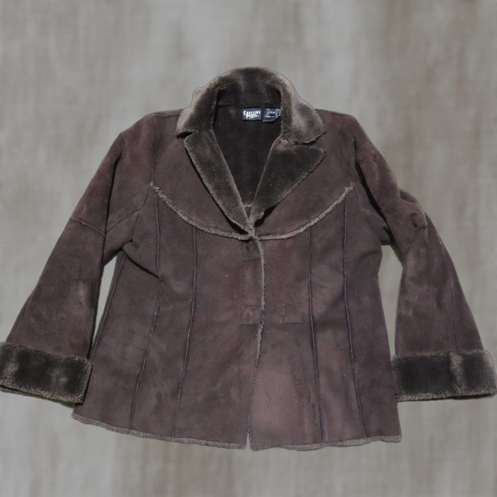 Vintage Crossing Pointe Jacket - Brown Suede-Look Button Front Collar Coat Women M Adult Medium Brown 90s Style Mens Womens Size M / US 6-8 / IT 42-44 - 1 Thumbnail