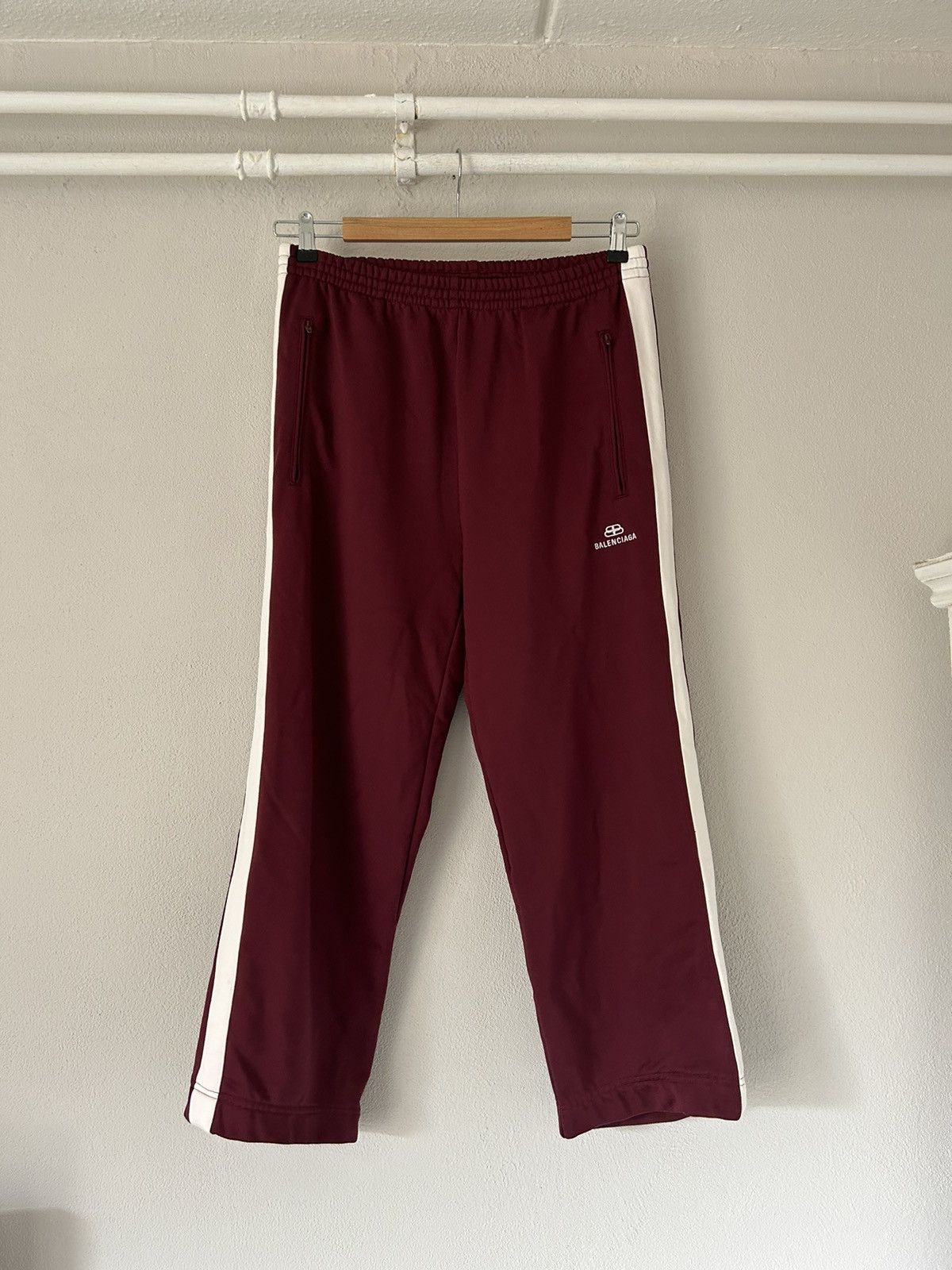 image of Balenciaga Burgundy Logo Side Stripe Track Pants, Men's (Size 30)