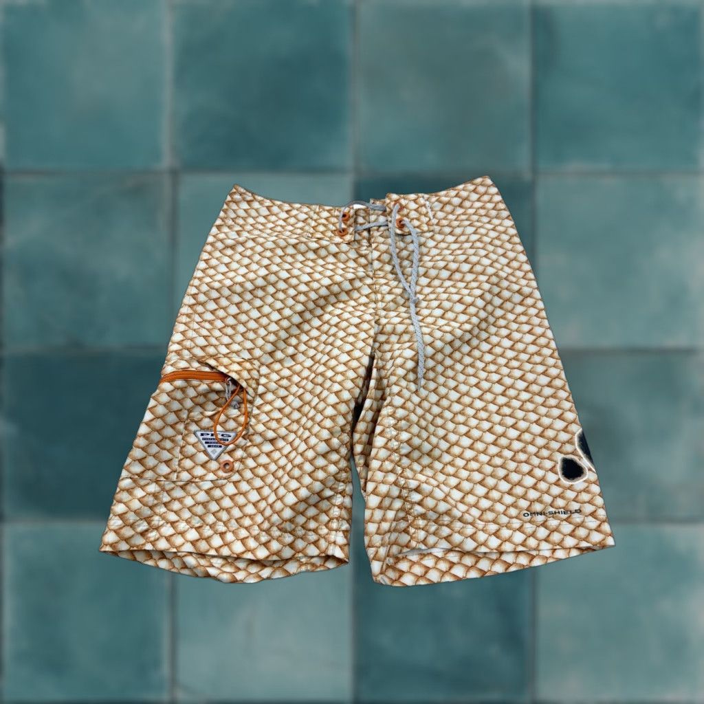 Vintage Columbia Mens Bottom 30 Tan Brown Fish Scale Print PFG Board Shorts Beach Swimwear Geometric Breathing Pockets Size US 30 / EU 46 - 1 Thumbnail