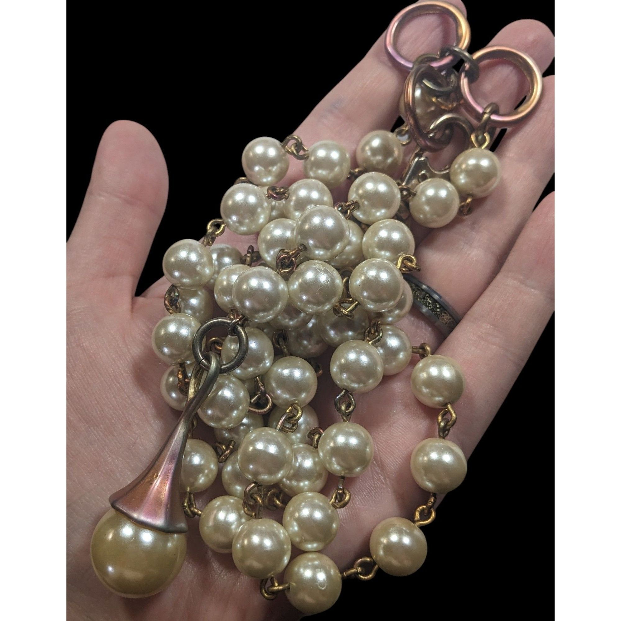 Other Vintage Korean EXP Faux Pearl Anodized Gold Tone Y Drop Neck Size ONE SIZE - 4 Thumbnail