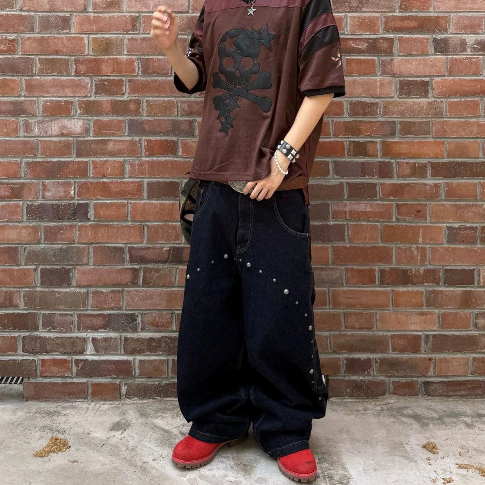 Japanese Brand Black Baggy Wide Leg Button Stud Denim Jeans Size US 30 / EU 46 - 2 Thumbnail