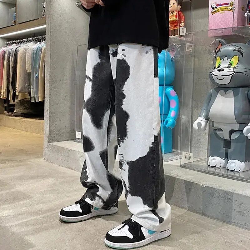 image of Vintage Black White Straight Tie-Dye Jeans Denim Pants in Black/White, Men's (Size 34)